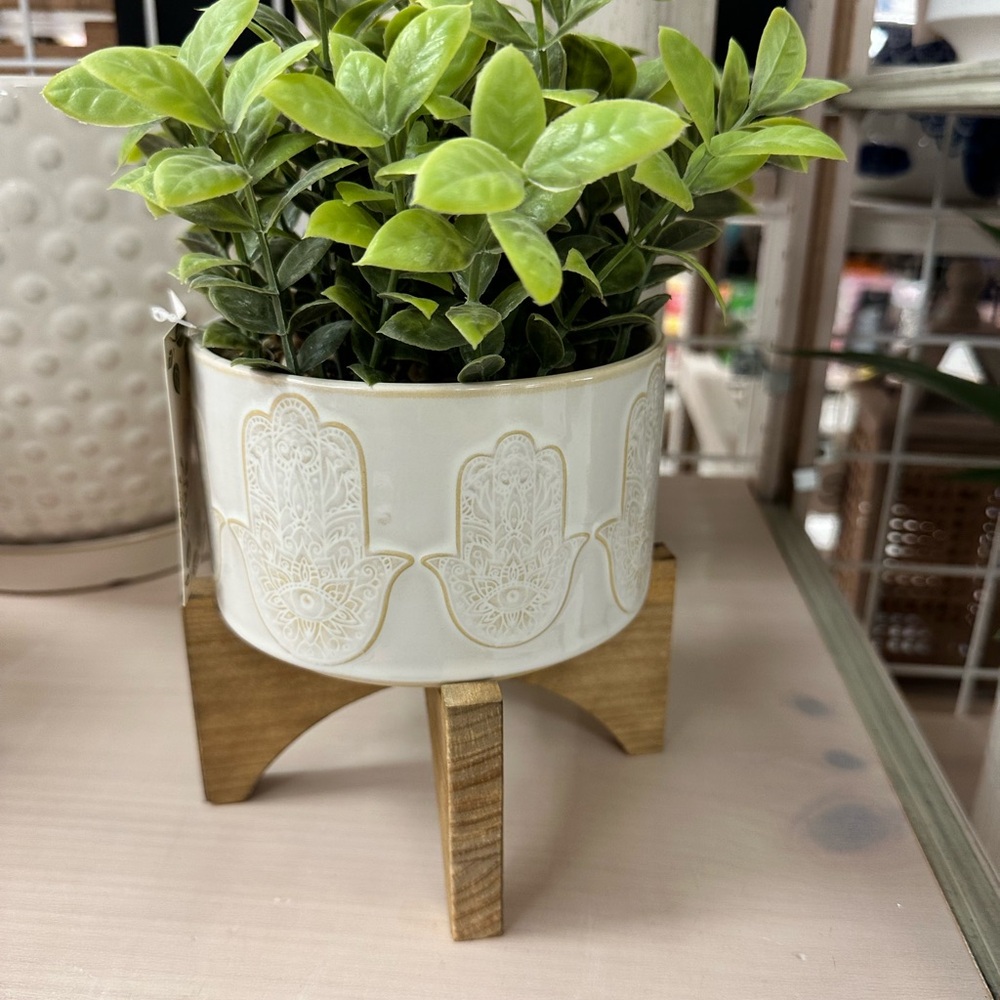 White and Gold Planter with Wooden Stand